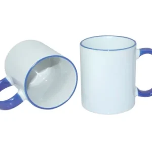 Taza blanca con borde y asa azul medio