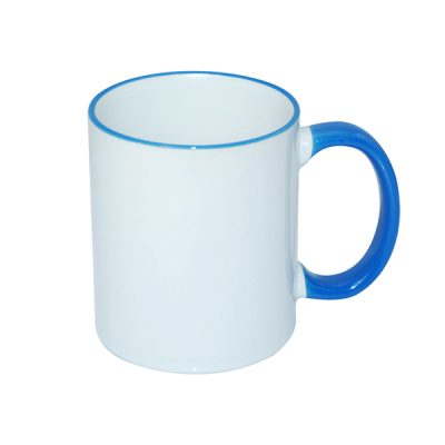 Taza blanca con borde y asa celeste 11oz