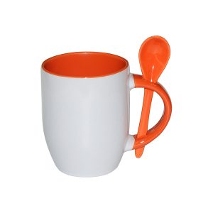 Taza cónica blanca con cuchara, interior y asa anaranjado 11oz