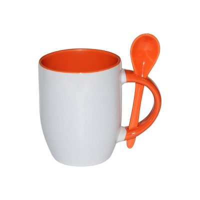Taza cónica blanca con cuchara, interior y asa anaranjado 11oz