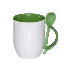 Taza cónica blanca con cuchara, interior y asa verde 11oz