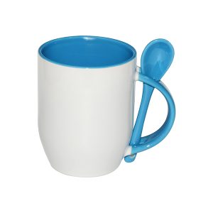 Taza cónica blanca con cuchara, interior y asa celeste 11oz