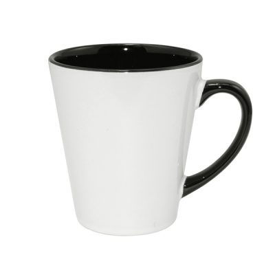 Taza cónica blanca con interior y asa negra 12oz