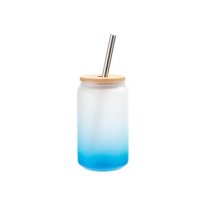 Tazas de vidrio azul claro degradado de 13oz con tapa de bambú