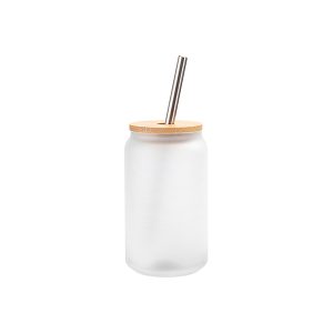 Tazas de vidrio transparente frosted 13 oz con tapa de bambú