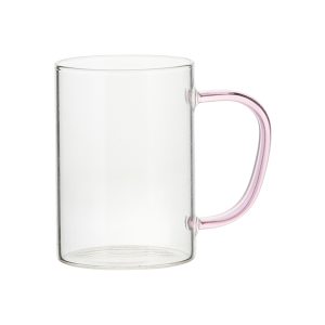 Taza de vidrio de 12 oz transparente asa rosada