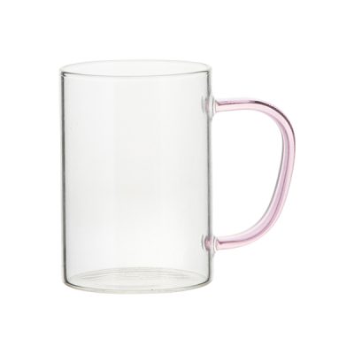 Taza de vidrio de 12 oz transparente asa rosada