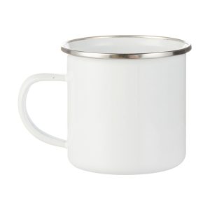 Taza blanca de enamel con borde plateado 12oz