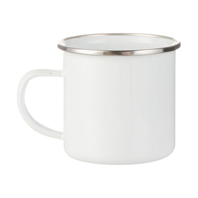 Taza blanca de enamel con borde plateado 12oz