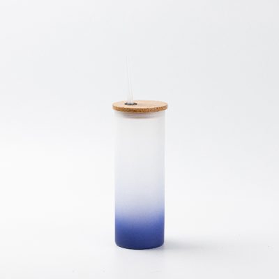 Vaso de vidrio esmerilado sublimable con tapa de bamboo y carrizo, 17oz