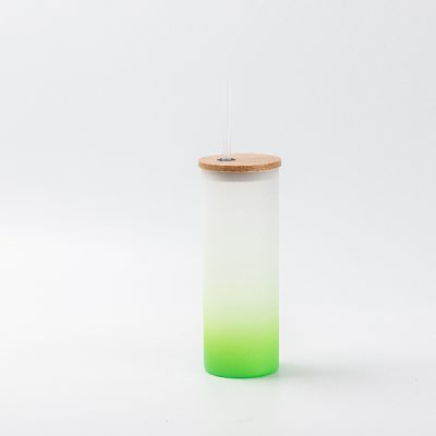 Vaso de vidrio esmerilado sublimable con tapa de bamboo y carrizo, 17oz
