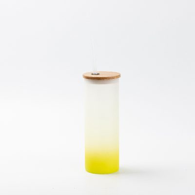 Vaso de vidrio esmerilado sublimable con tapa de bamboo y carrizo, 17oz